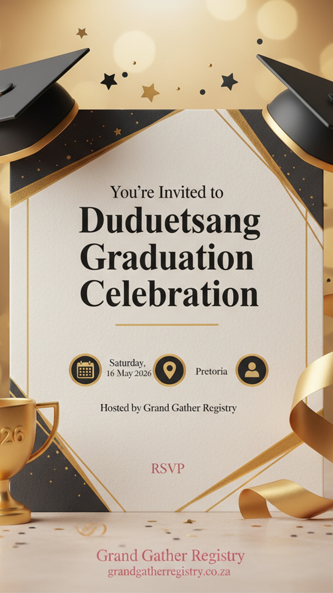 AI-generated graduation invitation created by GiGi, Grand Gather Registry's AI event assistant