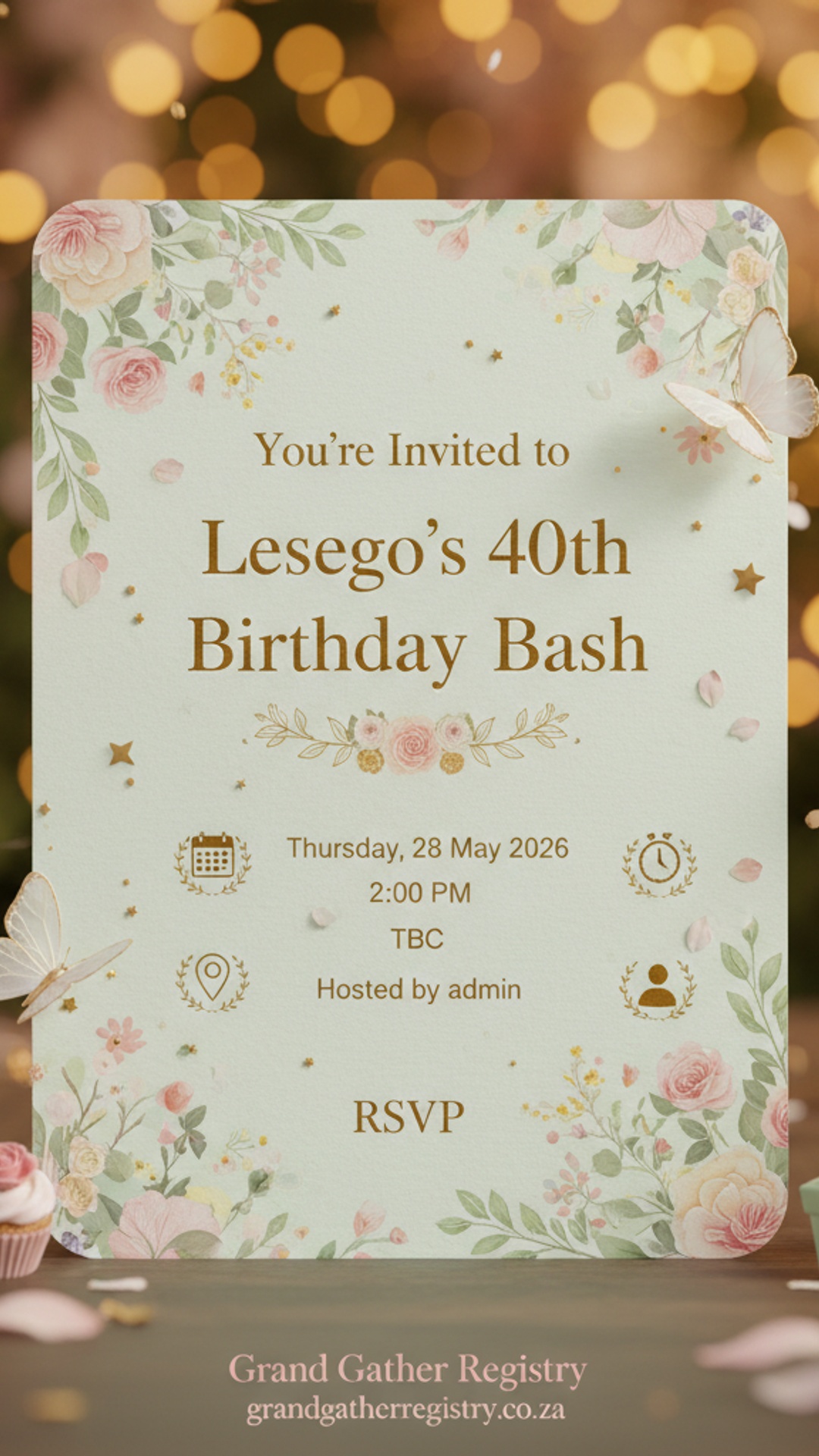 AI-generated birthday invitation created by GiGi, Grand Gather Registry's AI event assistant