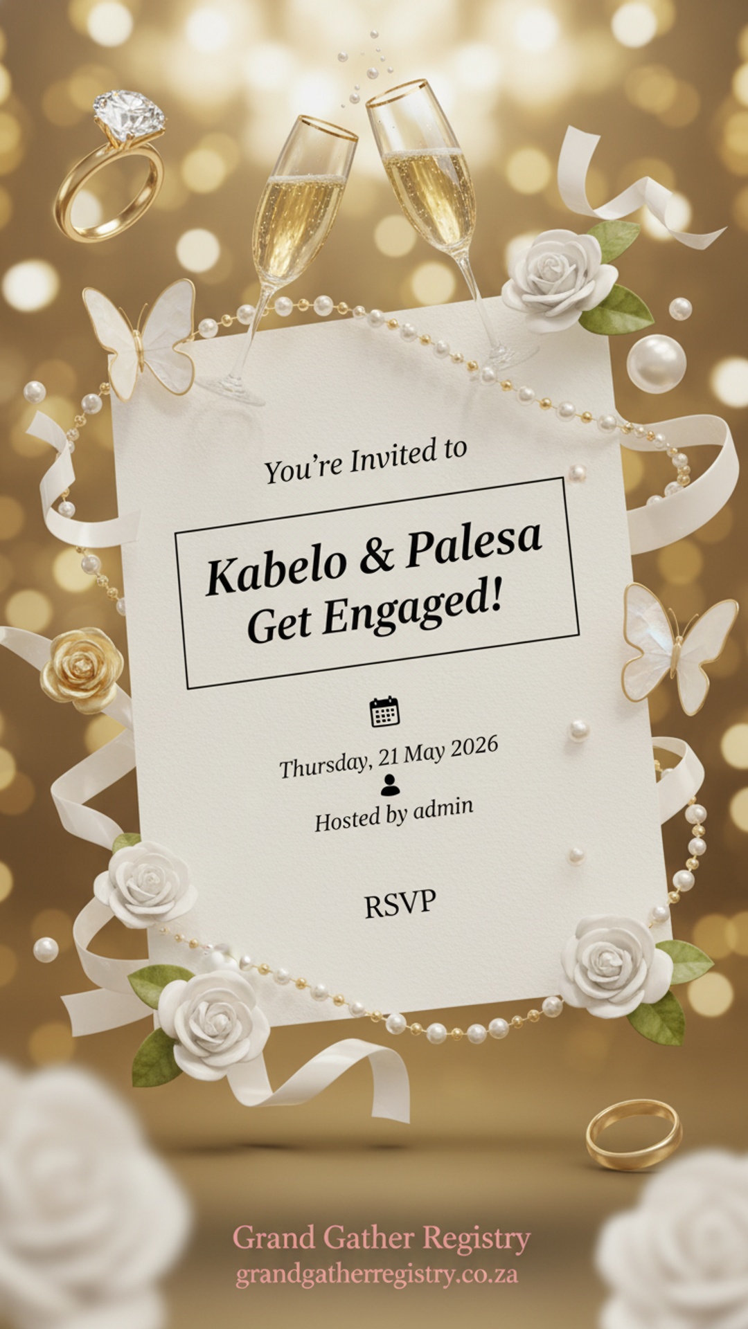 AI-generated engagement invitation created by GiGi, Grand Gather Registry's AI event assistant