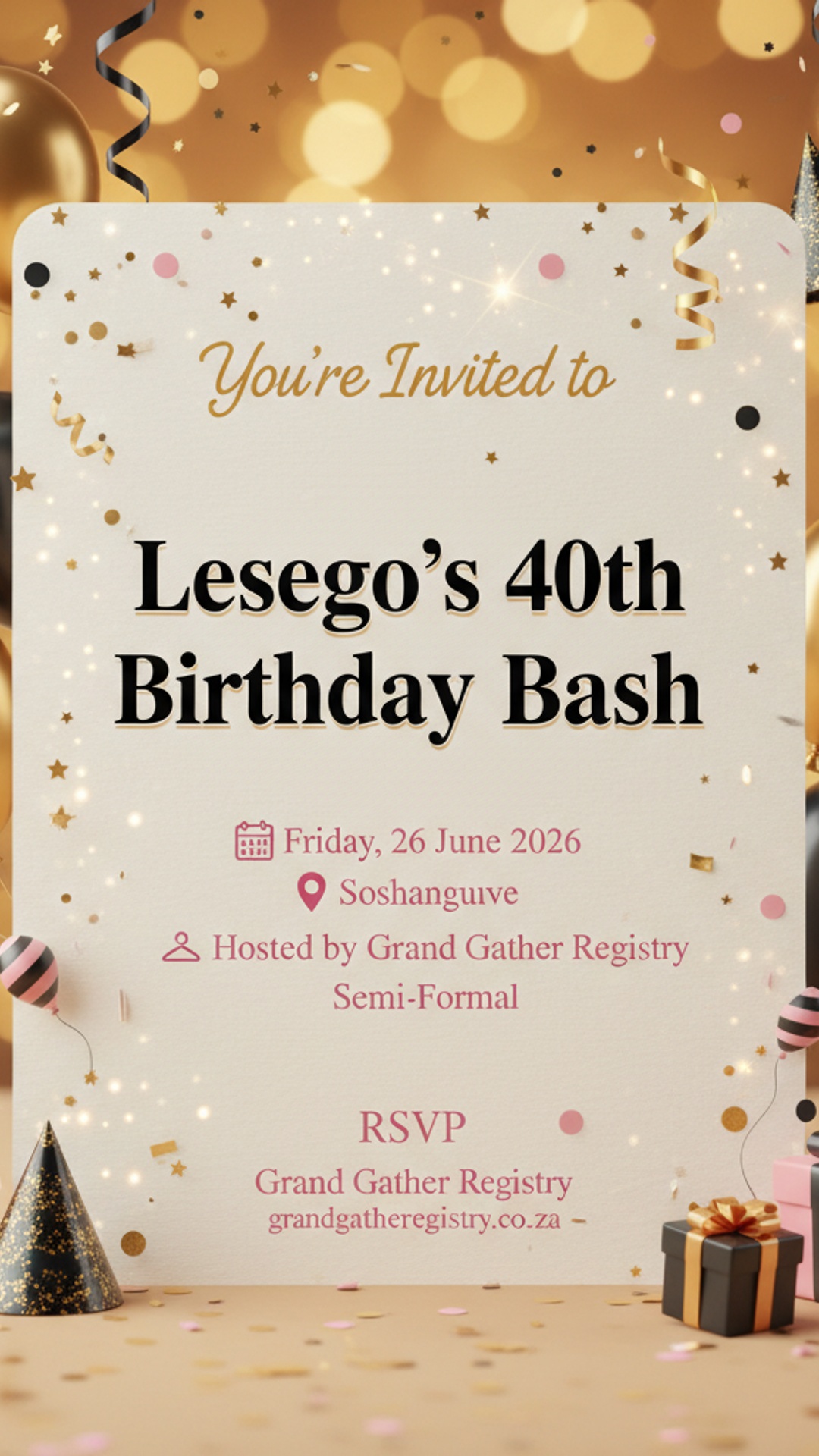 AI-generated birthday invitation created by GiGi, Grand Gather Registry's AI event assistant