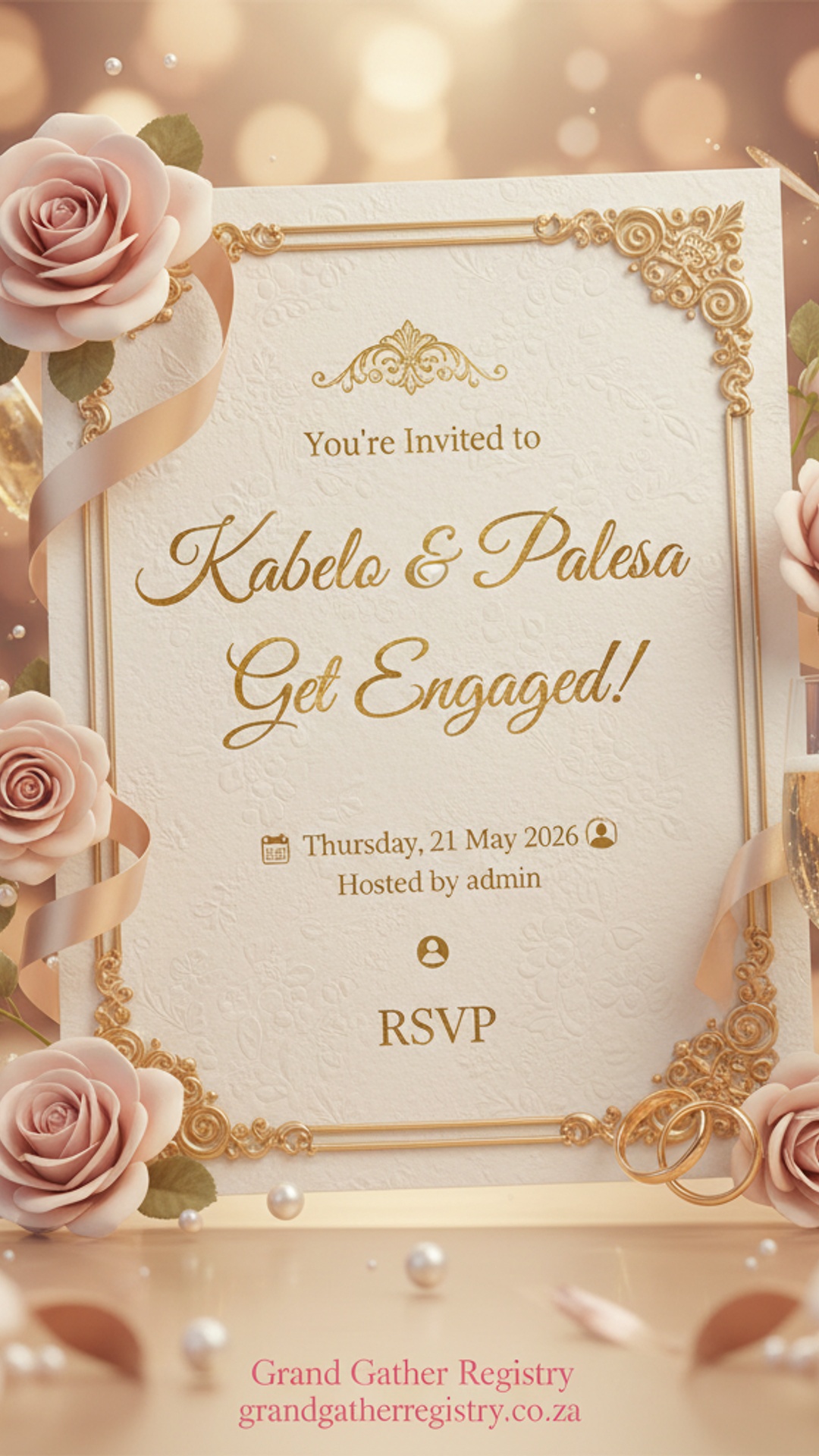 AI-generated engagement invitation created by GiGi, Grand Gather Registry's AI event assistant