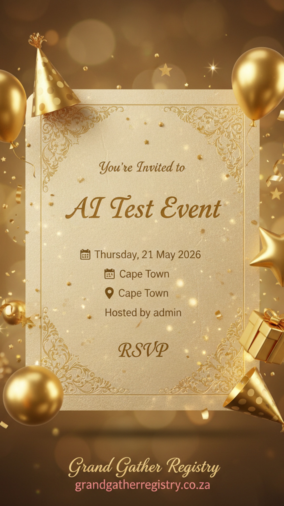 AI-generated wedding invitation created by GiGi, Grand Gather Registry's AI event assistant