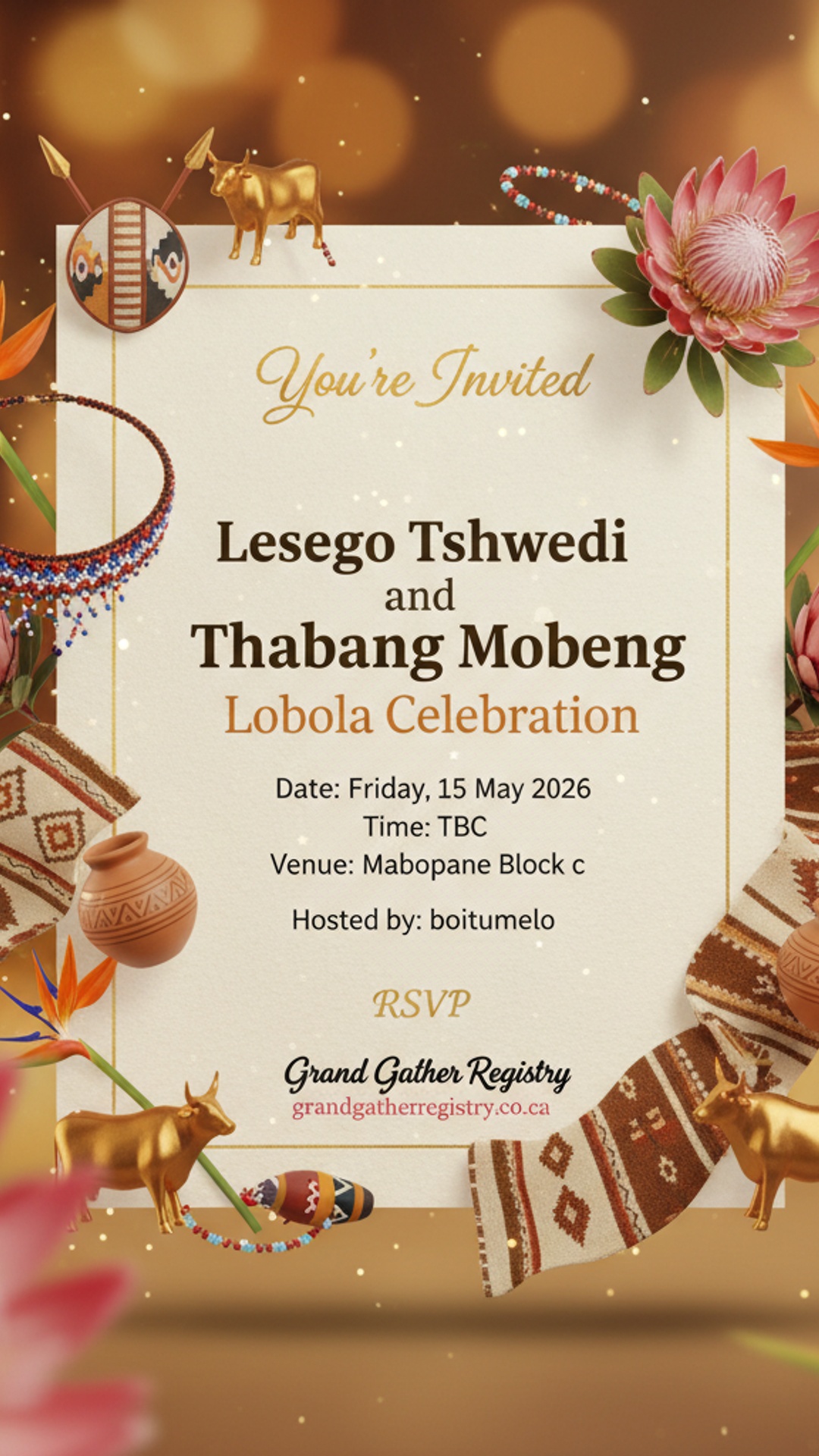 AI-generated lobola wedding invitation created by GiGi, Grand Gather Registry's AI event assistant