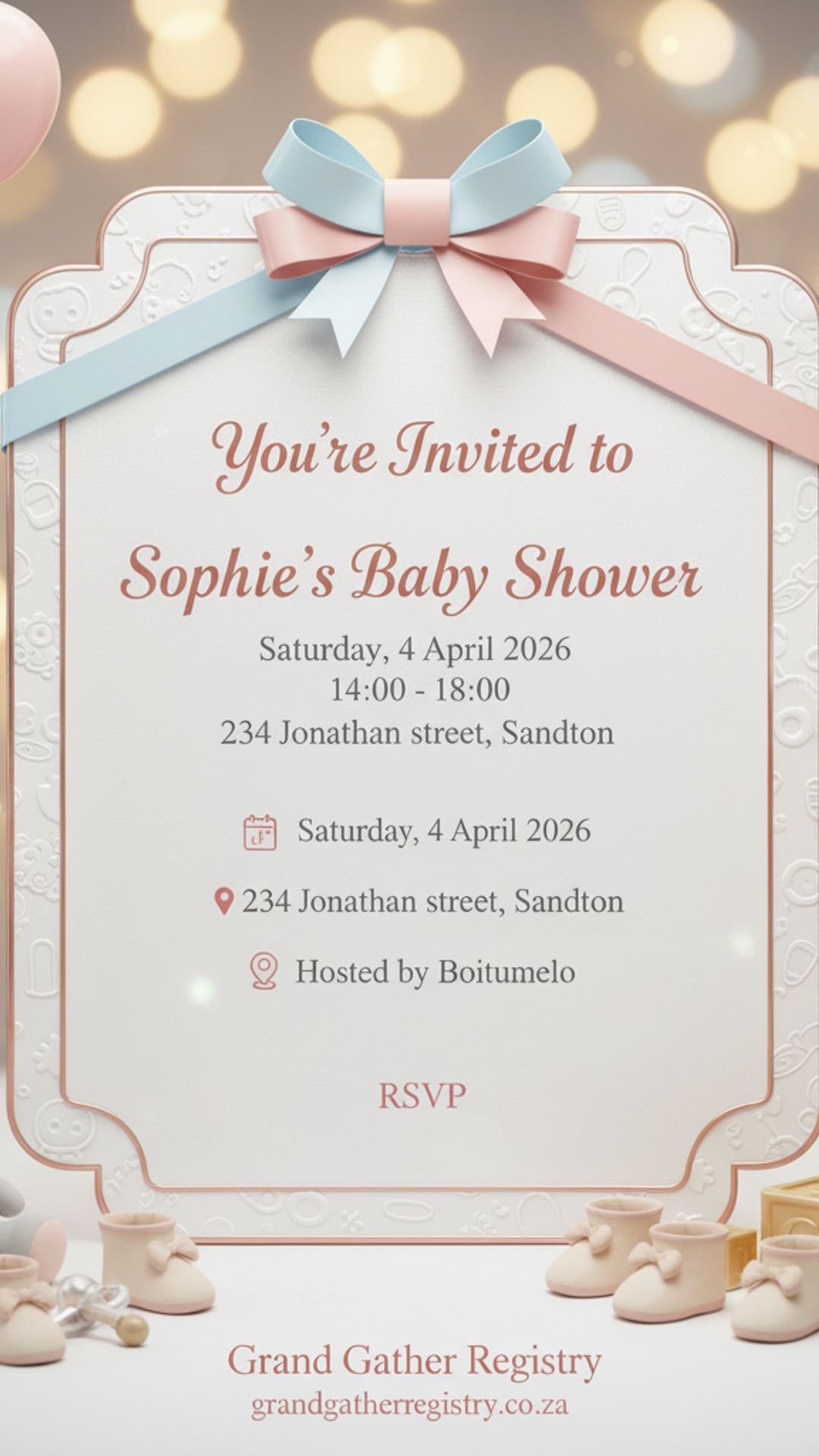 AI-generated baby shower invitation created by GiGi, Grand Gather Registry's AI event assistant