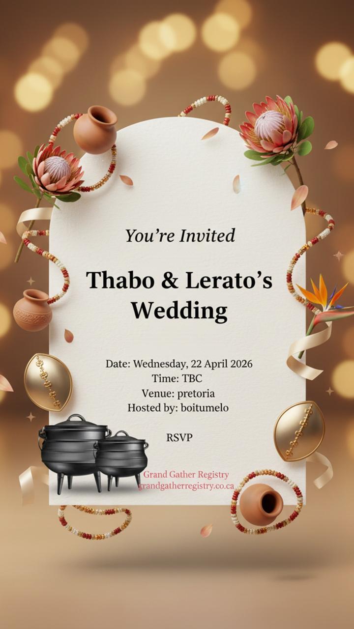 AI-generated traditional wedding invitation created by GiGi, Grand Gather Registry's AI event assistant