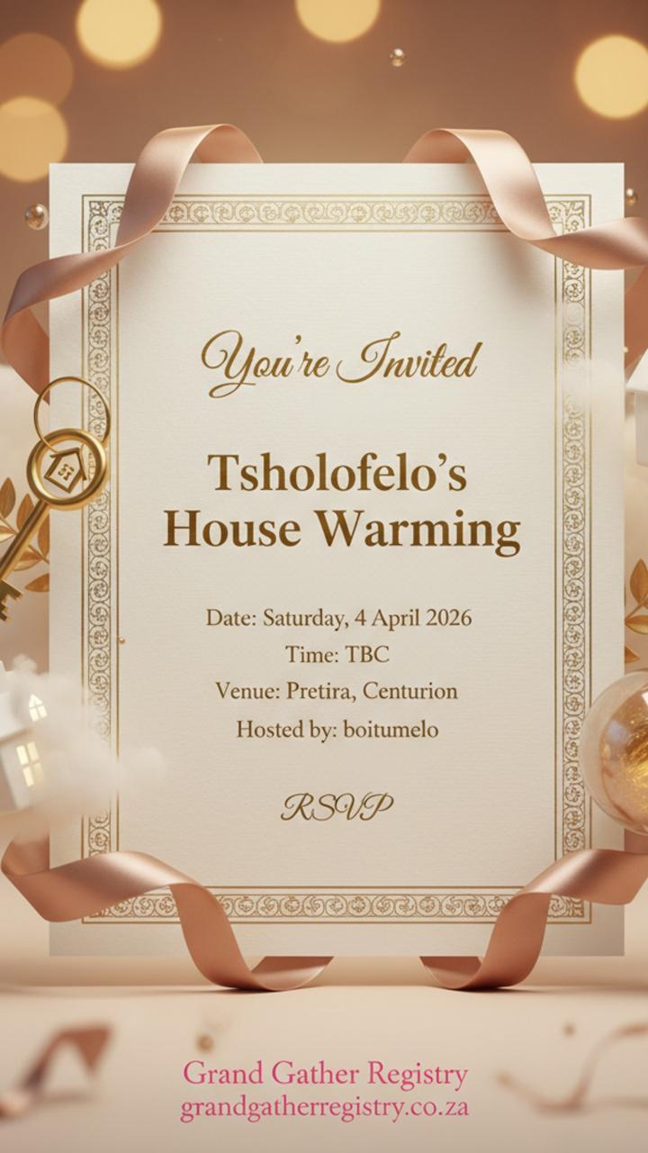 AI-generated house warming invitation created by GiGi, Grand Gather Registry's AI event assistant