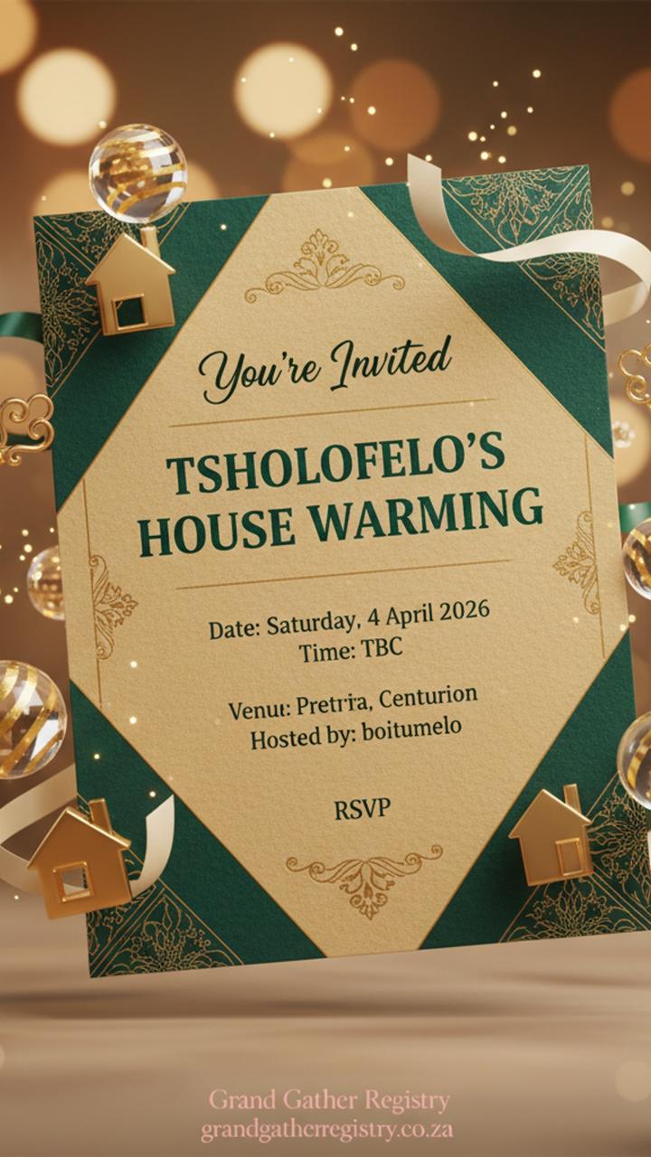 AI-generated house warming invitation created by GiGi, Grand Gather Registry's AI event assistant