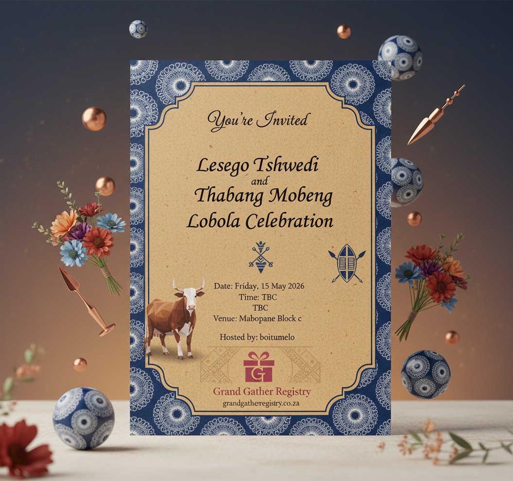 AI-generated traditional wedding invitation created by GiGi, Grand Gather Registry's AI event assistant