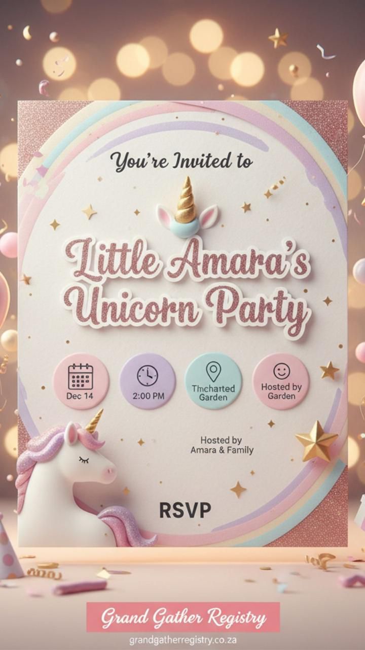 AI-generated kids party invitation created by GiGi, Grand Gather Registry's AI event assistant