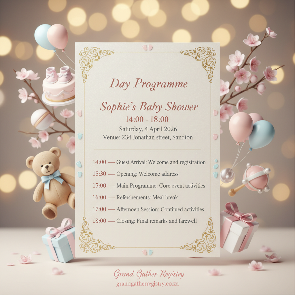 AI-generated event programme created by GiGi, Grand Gather Registry's AI event assistant