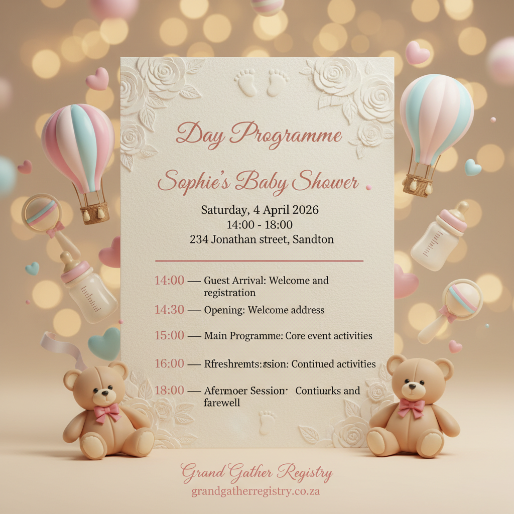 AI-generated event programme created by GiGi, Grand Gather Registry's AI event assistant