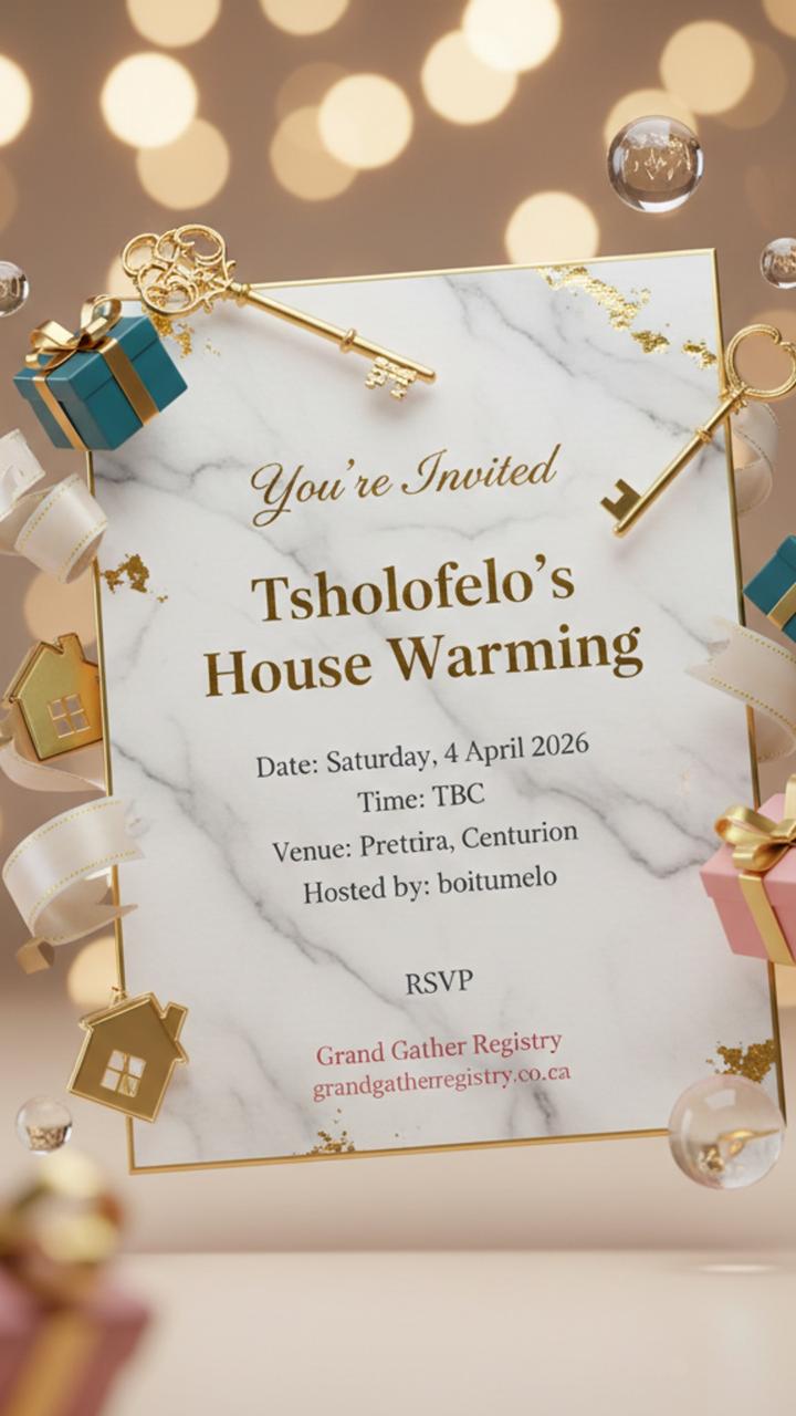 AI-generated house warming invitation created by GiGi, Grand Gather Registry's AI event assistant